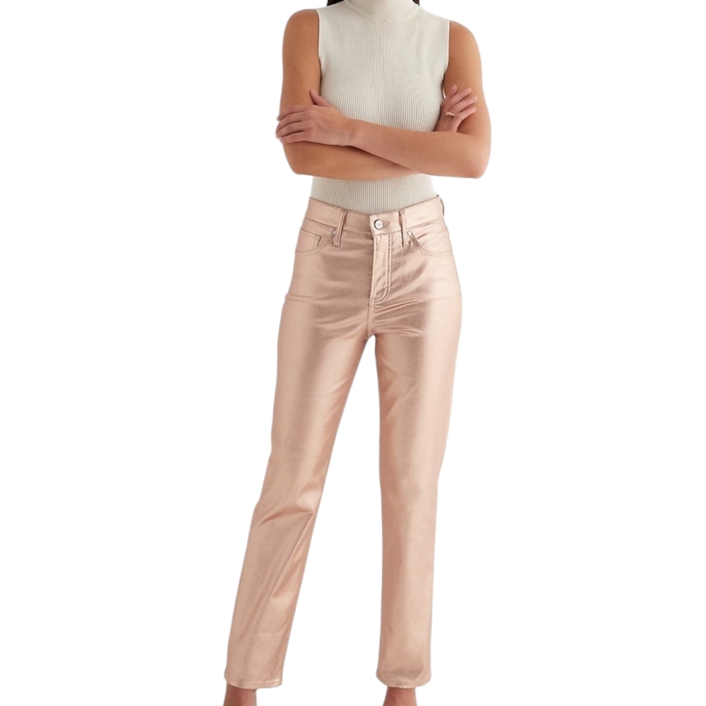 Express Modern Straight High Rise Metalic Rose Coated Jeans Womens Size 14R NWT